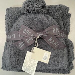SALE! Barefoot Dreams - Cozy Chic Pom Pom Beanie & Scarf Set Charcoal $132 NWT!